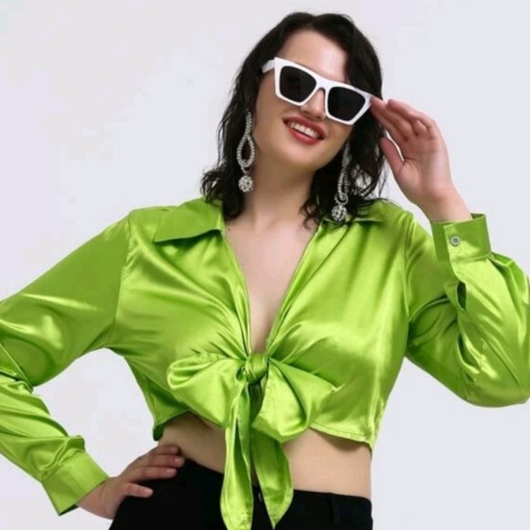 SHEIN 2XL Lime Green Long Sleeve Tie Front Top - Picture 3 of 12